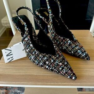 Zara Boucle Slingback Closed Toe Heels